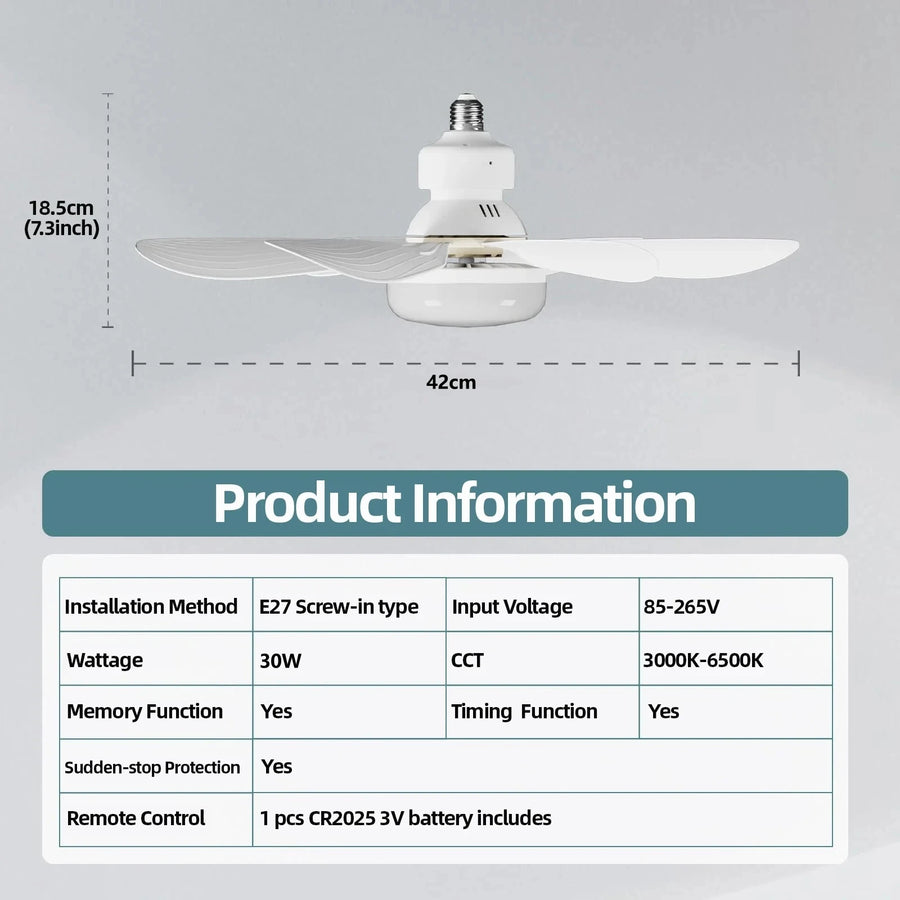 LED 30W Ceiling Fan Light E27 with Remote Dimming Function  Suitable for Living Room Study and Home use  85-265V